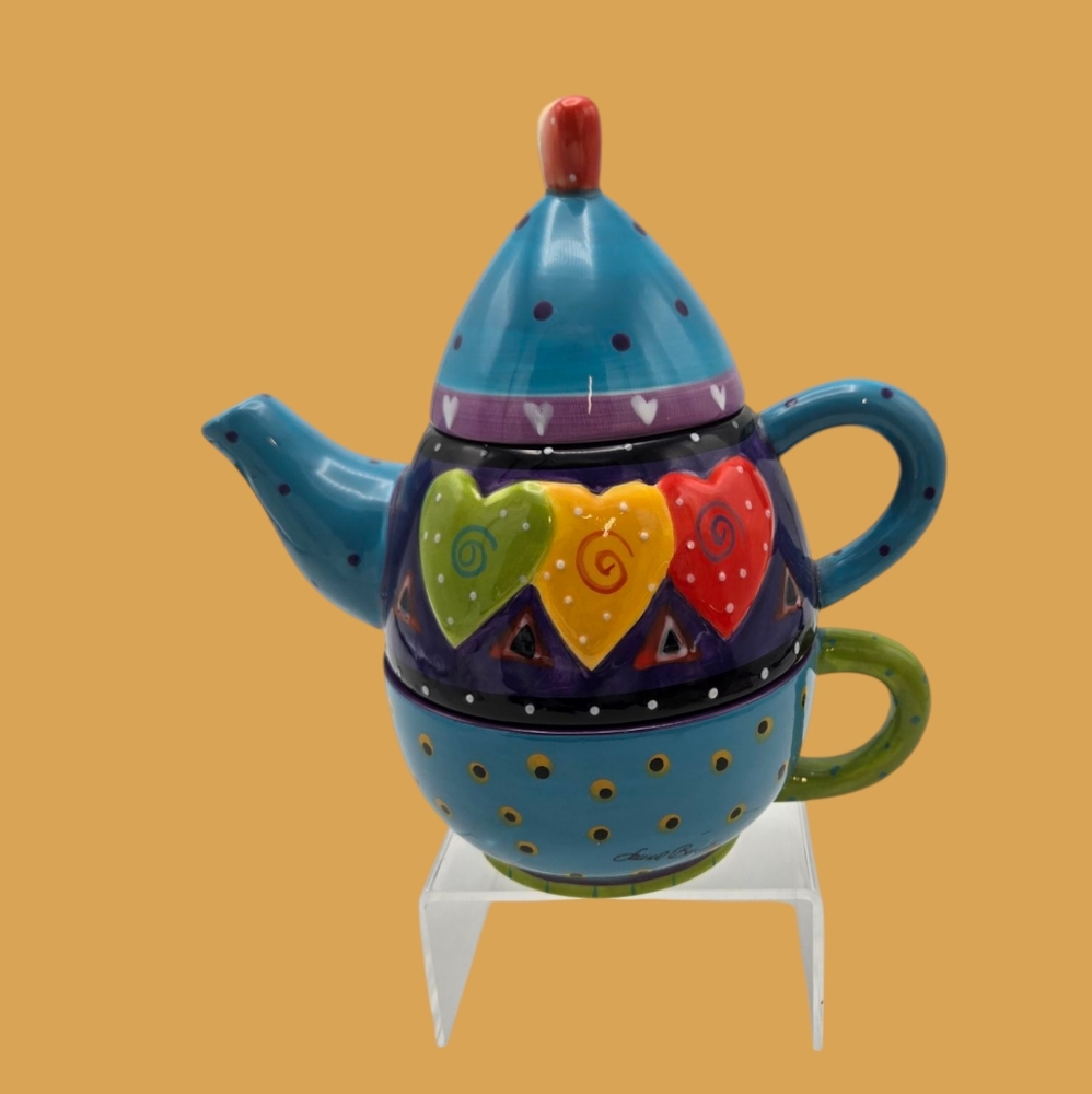 Ganz Laurel Burch Stacking Teapot & Cup Colorful Heart Design Signed